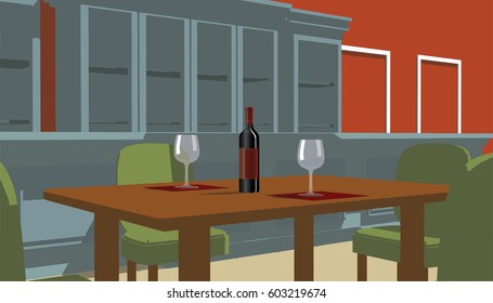 Vintage restaurant interior with wine glass and botle