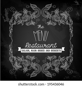 Vintage restaurant labels on the chalkboard