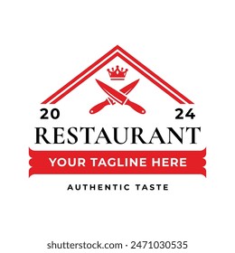 Vector de diseño de logotipo de Antiguas restaurant aislado. Elemento de diseño de Vector de logotipo de adorno de restaurante aislado en fondo blanco. Logotipo de la comida adornado con color rojo