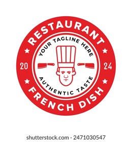 Vector de diseño de logotipo de Antiguas restaurant aislado. Elemento de diseño de Vector de logotipo de adorno de restaurante aislado en fondo blanco. Logotipo de la comida adornado con color rojo