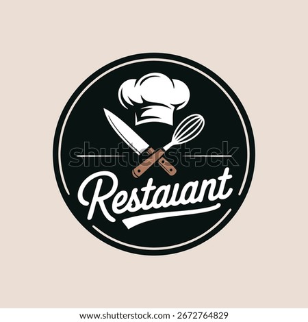 A vintage restaurant logo featuring a chef's hat, knife, and whisk. The logo is perfect for a restaurant, cafe, or any food-related business. Vector illustration.