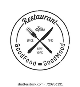 Vintage Restaurant logo - Fork, knife icon. Grunge texture.