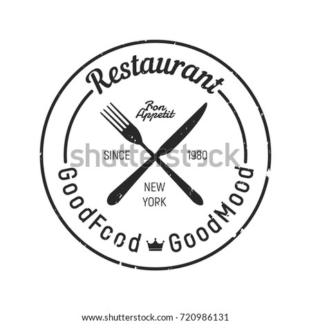 Vintage Restaurant logo - Fork, knife icon. Grunge texture.