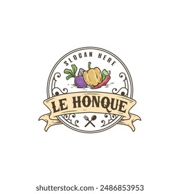 Vintage Restaurant Logo with Vegetables and Ribbon