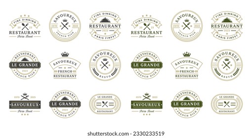 Colección de plantillas de diseño de logotipos de restaurantes antiguos. Conjunto de elementos de diseño vectorial del logotipo de ornamento del restaurante