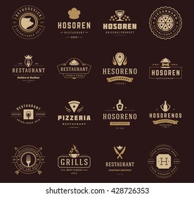 Vintage Restaurant Logos Design Templates Set. Vector design elements, Restaurant and Cafe icons, Fast food Silhouettes.