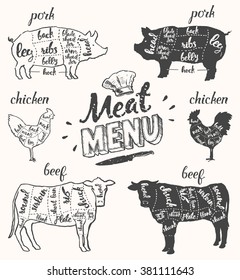 Vintage restaurant meat menu template. American scheme of pork cuts, chicken cuts and beef cuts, hand drawn vector illustration.