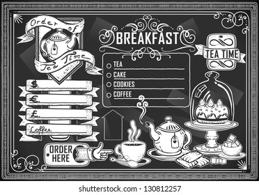 Vintage Restaurant Menu Blackboard. Breakfast Restaurant Chalk Board Menu.  Retro Breakfast Menu Restaurant.Street Food Shop Blackboard.Old Pub Bar Vintage Board Background Infographic Vector Image