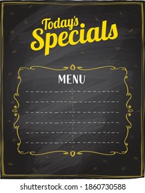 Vintage restaurant menu board with today's special logo and place for text, chalkboard background vector graphic illustration.