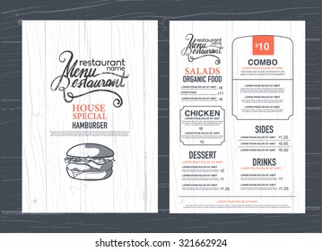 vintage restaurant menu design and wood texture background.