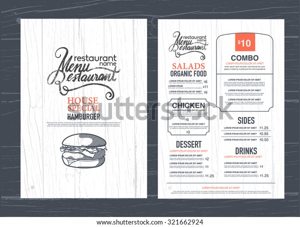 vintage restaurant menu design and wood
texture background.
