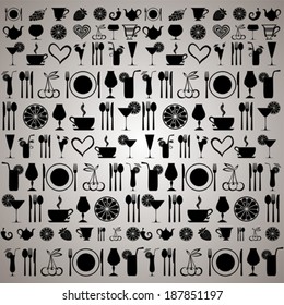 Vintage restaurant menu. Food and drink seamless doodles pattern. Vector illustration 
