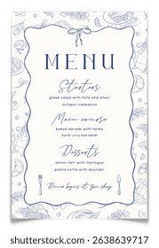Vintage restaurant menu with pencil drawn traditional Mediterranean cuisine. Elegant whimsical blue ink pen drawing of food and drink. Summer Italian wedding food selection card. Vector illustration.
