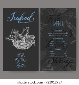Vintage restaurant menu template with hand drawn sketch of seafood basket, grilled fish, fish steak, shrimp, mytilus and related brush calligraphy. Placed on black background