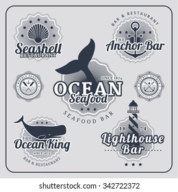 Vintage restaurant nautical labels vector set in blue colour