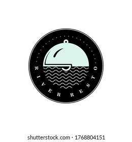 Vintage restaurant and river logo featuring classic typography with ornamental elements, combined with an illustrated river