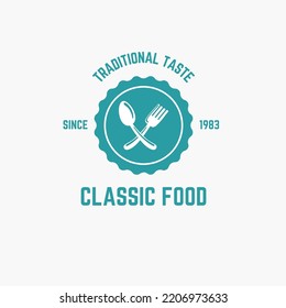 Vintage Restaurant And Shop Logo Design With Fancy Spoon And Fork Icon In Circle Frame. Luxury Food Concept Design