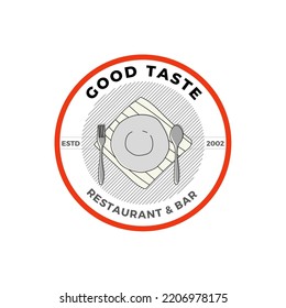 Vintage Restaurant And Shop Logo Design With Fancy Plate And Spoon Icon In Circle Frame. Luxury Food Concept Design