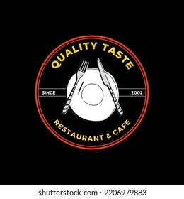 Vintage Restaurant And Shop Logo Design With Fancy Plate And Spoon Icon In Circle Frame. Black Background Luxury Food Concept Design