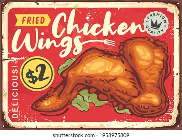 Vintage restaurant sign with crispy fried chicken wing on old damaged red background. Food and drinks theme. Diner poster with tasty lunch retro vector illustration.
