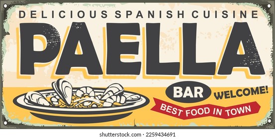 Vintage restaurant sign with paella menu advertisement. Delicious Spanish cuisine retro vector illustration.