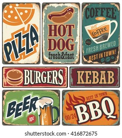 Vintage restaurant signs collection. Retro food posters and design elements. Promotional vector ads set on old scratched background. Burger, Kebab, Pizza, Beer, Coffee, Grill, Hotdog illustrations.