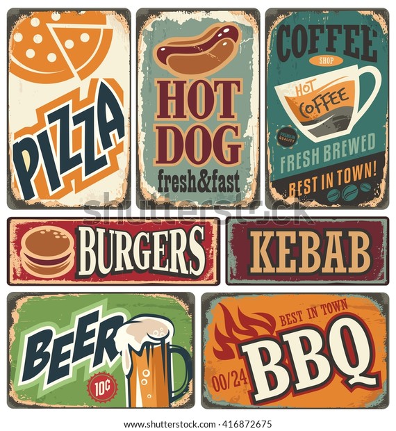 ビンテージレストランの看板コレクション レトロな食べ物のポスター とデザインエレメント 古いスクラッチ背景にプロモーションベクター画像広告 ハンバーガー ケバブ ピザ ビール コーヒー グリル ホットドッグのイラスト のベクター画像素材 ロイヤリティ