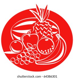Vintage or retro 1950s style illustration of fruit including a watermelon, pineapple, apple, orange, grapes and banana.