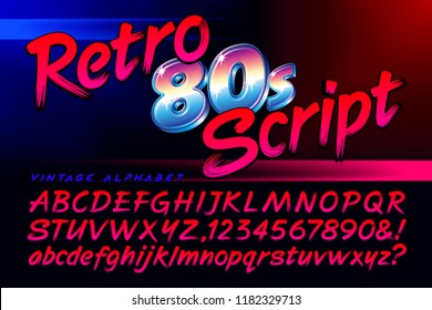 A vintage retro 1980s style brush script alphabet with capitals, numbers, lower case, and some punctuation. This font conjures up an authentic eighties vibe.