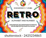 Vintage retro 3D typeface with colorful rainbow layers. Decorative letters in 70s, 80s, 90s Style. Set contains big and small letters, digits and symbols. Vector illustration