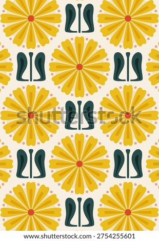 Vintage Retro 70s Daisy Modern Geometric Floral Pattern. wallpaper designs ,curtains design and also use in textile designs.