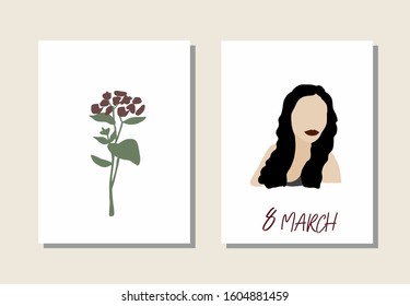 Vintage, retro, abstract set of cards with a female portrait and a flower, ready for print. Lady characters. Female silhouettes. Modern trendy look. Vector flat design. For cards, invitations.