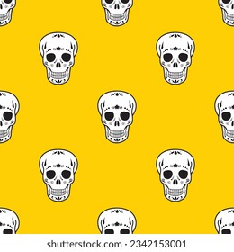 vintage, retro, abstract skull seamless pattern on yellow background, wallpaper