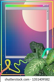 Vintage - Retro aesthetic tropical plant and frame in windows OS style, neon element space - cosmic background template