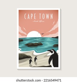 Vintage retro African penguin on cape town beach poster design illustration, seascape beach poster