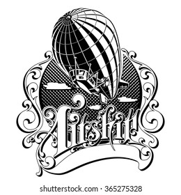 Vintage Retro airship into the air in the box with the inscription vector illustration