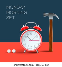 Vintage retro alarm clock and hammer, I hate monday morning, vector image. 