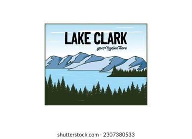 Vintage Retro American Lake Clark with Pine Cedar Evergreen Conifer Larch Cypress Fir Forest National Park for Outdoor Adventure T Shirt Logo Illustration