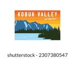 Vintage Retro American Mountain Pine Forest Kobuk Valley River Lake  National Park for Outdoor Adventure T Shirt Logo Illustration