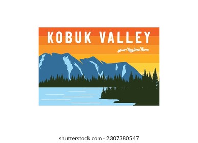 Vintage Retro American Mountain Pine Forest Kobuk Valley River Lake  National Park for Outdoor Adventure T Shirt Logo Illustration