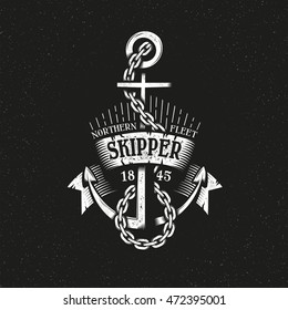 Vintage retro anchor with chain and ribbon grungy style on a black background. Marine logo vector illustration. Textures, text, background on separate layers.