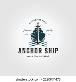 Vintage Retro Anchor Ship Logo Icon Vector Illustration Design. Bay Ferry Concept with Nautical and Atlantic. Hipster Wave and Traveling