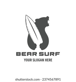 Vintage Retro Angry Bear hold Surf Board for Surfing Sport Club Logo Design Vector