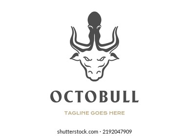 Vintage Retro Angus Cow Bull Ox with Octopus Squid Cuttlefish for Beef or Seafood Restaurant Product Logo Design