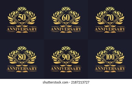 Vintage Retro Anniversary logo set. Luxurious golden anniversary logo bundle. 50th, 60th, 70th, 80th, 90th, 100th happy anniversary logo bundle.