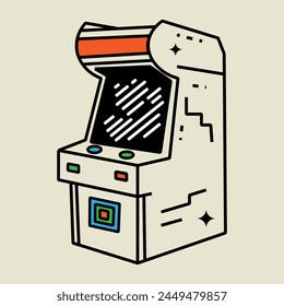 Vintage retro arcade game machine with pixelated screen, colorful joystick and button controls, adorned with stars in vector art