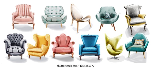Vintage Retro Armchair Set Collection Vector Watercolor. Modern Style Furniture. Old Effect Designs