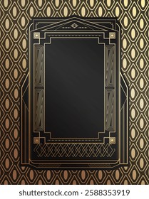 Vintage retro Art Deco frame on golden pattern background. Golden geometric frame design. Vector illustration