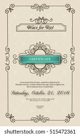 Vintage retro art deco frame certificate background design template. Vintage frame & border