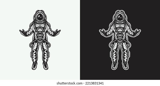 Vintage retro astronaut. Can be used for logo, badge, label. mark, poster or print. Monochrome Graphic Art. Vector Illustration. Woodcut lincut old stylization. Engraving style.
